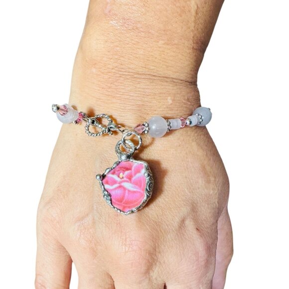 Vintage Pink Rose Quartz Bracelet W/ Upcycled Broken China Charm & 925 Toggle - Picture 2 of 15